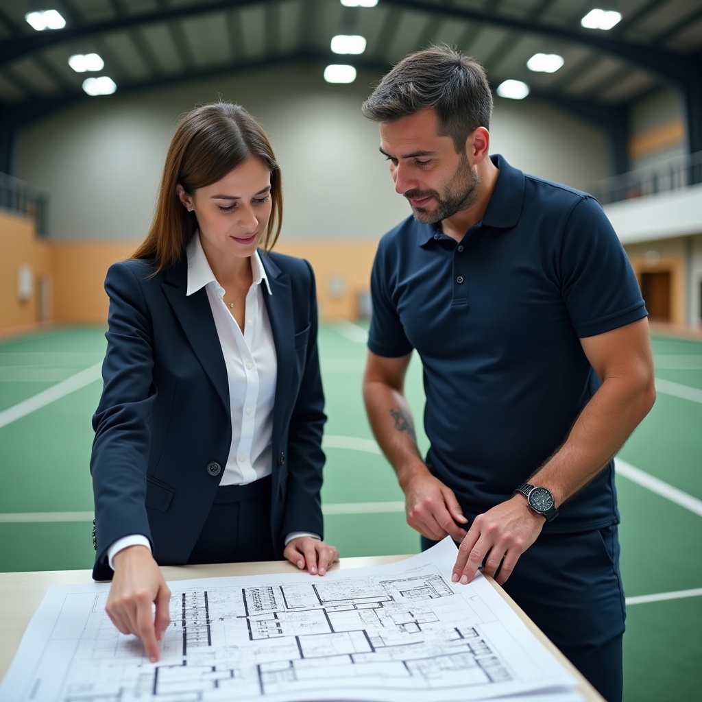 Consulente che analizza gli spazi di un impianto sportivo con un responsabile dell'associazione durante una visita