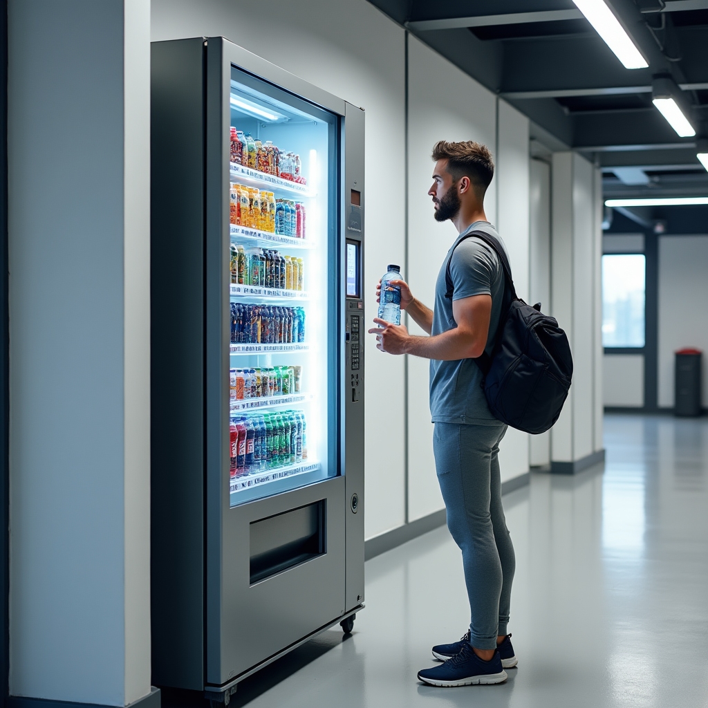 Distributore automatico di bevande e snack posizionato nel corridoio di una palestra moderna