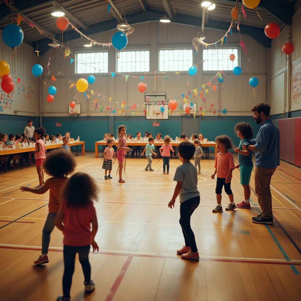 Festa di compleanno per bambini in uno spazio sportivo con decorazioni colorate e attività di gioco
